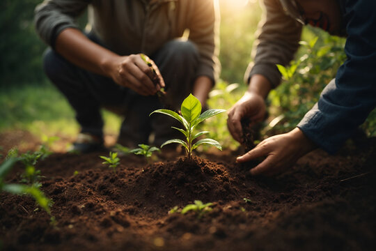 human hands hold crumbly soil in form of heart, from which young plant sprout grows. Concept for environment. Plant growing. Planting in spring. sprout of money tree in ground.