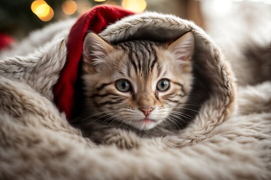 a charming depiction of a grey and white kitten with santa hat, playfully peeking out from a cozy blanket nest, adorable image that showcases the kitten's playful and curious nature