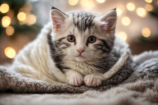 a charming depiction of a grey and white kitten, playfully peeking out from a cozy blanket nest, adorable image that showcases the kitten's playful and curious nature