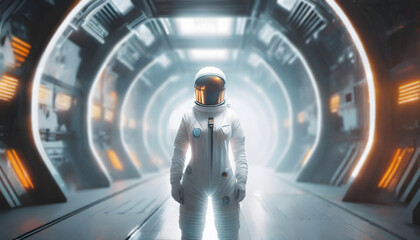 Astronaut in space man suit standing in spaceship - obrazy, fototapety, plakaty