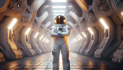 Astronaut in space man suit standing in spaceship with folded arms