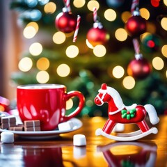 Fototapeta na wymiar Rocking horse toy pendant in front of Christmas tree. Red mug with hot chocolate drink and marshmallow and candy sticks