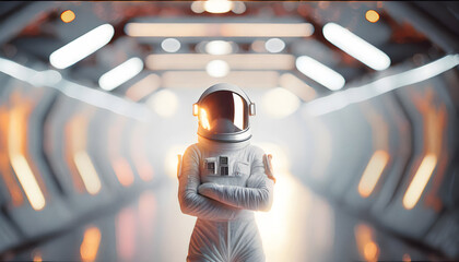 Astronaut in space man suit standing in spaceship with folded arms