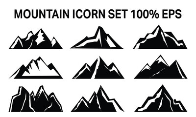 Set of mountains silhouette Icons vector. Vintage monochrome. Mountain peaks to create logos, badges and emblems.