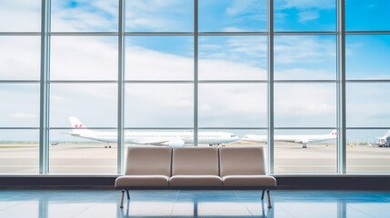 Empty chairs in the departure hall at airport , with the control tower and an airplane taking off at sunset. Travel and transportation concepts.