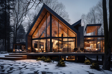 Fototapeta na wymiar modern frame house with large windows in winter