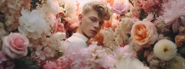 abstract floral flower field composition frame lgbtq male model shooting summertime imoressive stylish makeup and cloth dress beautiful blooming elegance charming sensual image style
