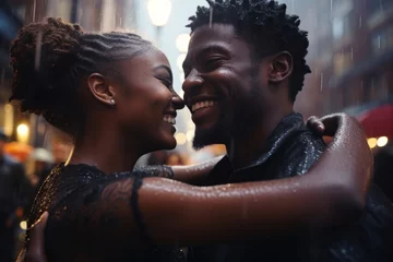 Fotobehang happiness romance love story african american marry love couple hand hug hold together dancing around on street outdoor in raining memorable moment romance and cheerful experience © VERTEX SPACE