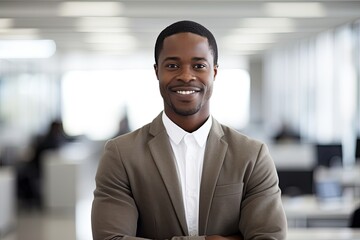 Fototapeta premium Confident and happy African American businessman - successful, stylish and proud in a modern corporate office.
