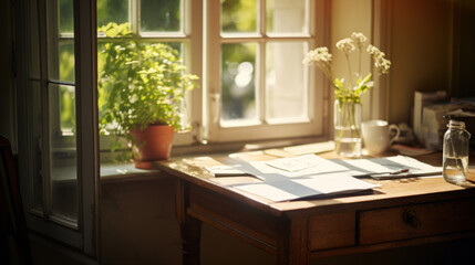 Fototapeta premium Minimalist lifestyle. Beautiful morning. Minimalistic interior, with a simple beautiful composition. Cozy workday styled photo. Spring or Summer