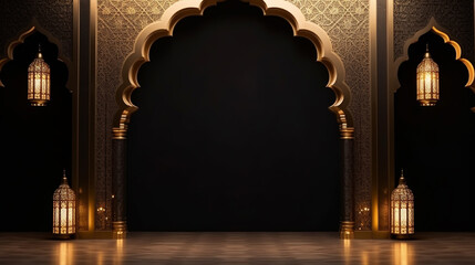 Ramadan Kareem illustration. Ramadan greeting card with golden arch and lantern on a arabic pattern background. - obrazy, fototapety, plakaty