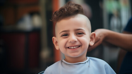 Portrait of happy turkish kid boy with fashion haircut in barbershop background, barber shop for child concept