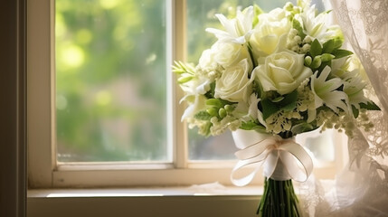 Bridal wedding bouquet. Stunning flowers roses wildflowers. Engagement between two lovoer people. Image with copy space.