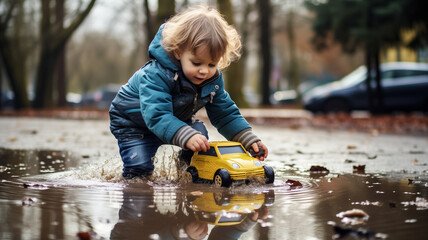 Alone child in rubber boots plays with toys car in big puddle after natural disasters flood cyclone