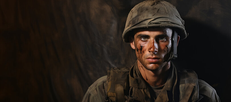 Portrait of Young Israeli male soldier, looking at camera. Wide background with copyspace