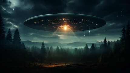 Fototapeta na wymiar UFO, an alien saucer hovering above the field in the clouds