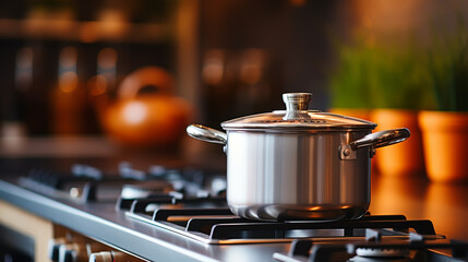 pot on gas stove, stainless pan on the hob, cooking on a gas stove, the cost of gas in Europe - Powered by Adobe