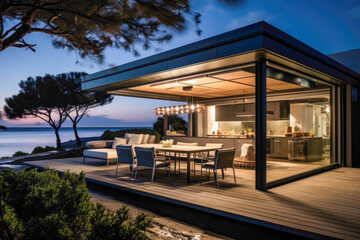 Coastal living in this seaside prefabricated house, where an outdoor dining area seamlessly blends into the night sky.
