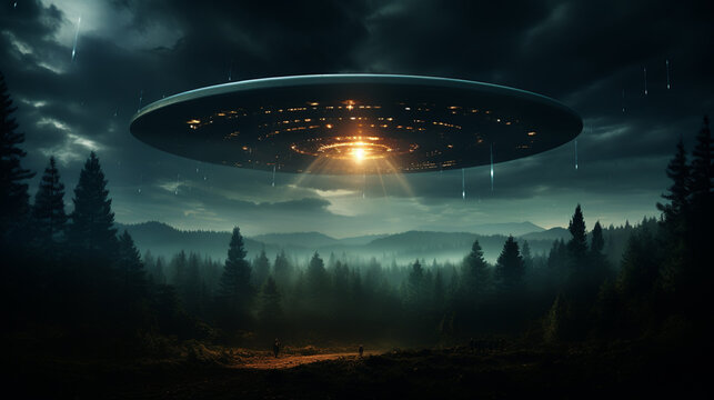 UFO, an alien saucer hovering above the field in the clouds