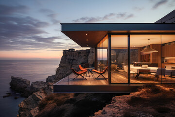 Prefabricated luxury cliffside house with mesmerizing panorama of the coastline as it surrenders to the embrace of dusk