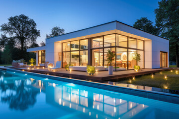 Fototapeta premium Modern house design and expansive windows blur the lines between interior and exterior spaces. Stunning prefabricated house featuring an integrated swimming pool.