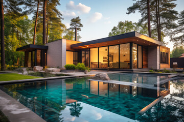 Modern house design and expansive windows blur the lines between interior and exterior spaces. Stunning prefabricated house featuring an integrated swimming pool. - obrazy, fototapety, plakaty