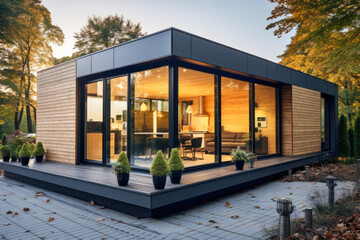 Modern prefabricated house that seamlessly blends into an urban setting, offering a stylish and sustainable living solution. - obrazy, fototapety, plakaty