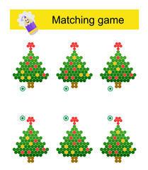 Matching game for kids. Find the correct pattern of cartoon Christmas tree and match.