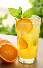 An iced orange juice in glass with mint and slices of orange