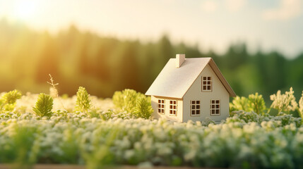 miniature toy house in grass close up, spring natural background. symbol of family. mortgage,...