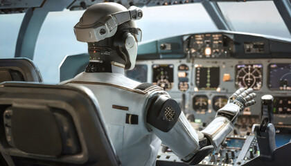 Humanoid robot in plane cockpit