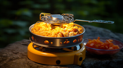 Portable gas stove and a frying pan in the camp with sunlight.