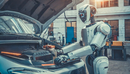 Fototapeta premium Humanoid robot fixing car