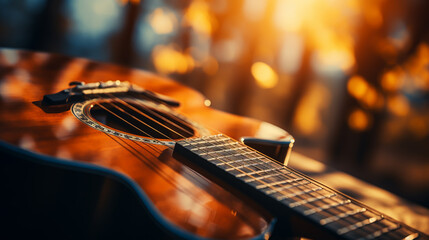Fototapeta premium Classical guitar close up, dramatically lit on a black background with copy space