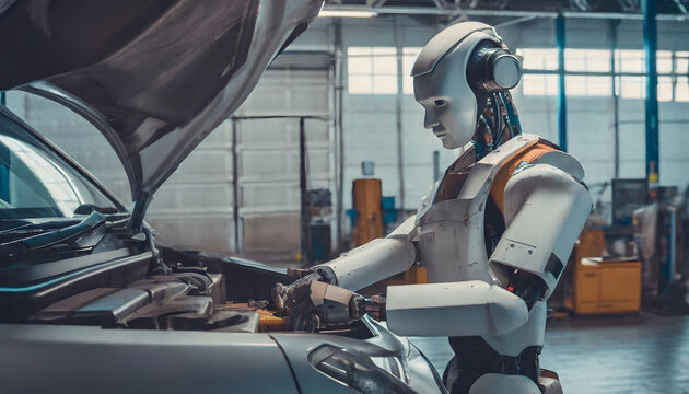 Humanoid robot fixing car