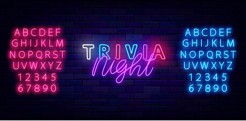 Trivia night neon label. Colorful handwritten text. Quiz time. Shiny pink and blue alphabet. Vector stock illustration - obrazy, fototapety, plakaty
