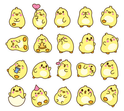 Cute little kawaii baby chicken. Kawaii chicks in different poses. Cartoon characters. Hand drawn style. Vector drawing. Collection of design elements.