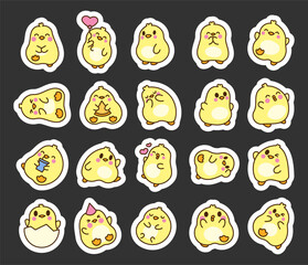 Fototapeta premium Cute little kawaii baby chicken. Sticker Bookmark. Kawaii chicks in different poses. Cartoon characters. Hand drawn style. Vector drawing. Collection of design elements.