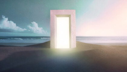 Mystical glowing portal door entrance on night beach