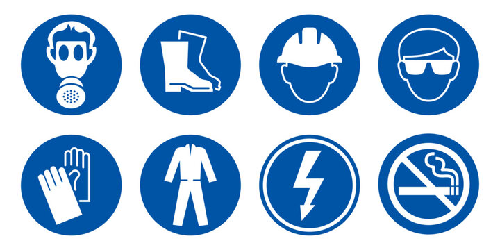 Set of safety equipment signs. Mandatory construction and industry signs. Collection of safety and health protection equipment. Protection on work. Vector illustration.