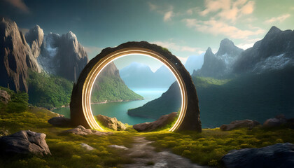 Glowing mystical round circle shaped frame portal in mountainous landscape - obrazy, fototapety, plakaty