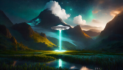 A beam of light from a UFO in a mystical mountainous landscape