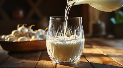 Pouring milk in glass from a bottle on a wooden neutral background with space for text, copy space. - obrazy, fototapety, plakaty