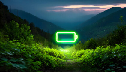 A glowing green battery icon in a mystical mountainous landscape - obrazy, fototapety, plakaty