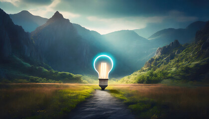 A glowing lightbulb in a mystical mountainous landscape - obrazy, fototapety, plakaty
