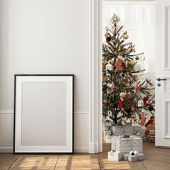 Frame mockup, ISO A paper size. Living room wall poster mockup. Interior mockup with house background. Modern interior design with Christmas tree decoration. 3D render