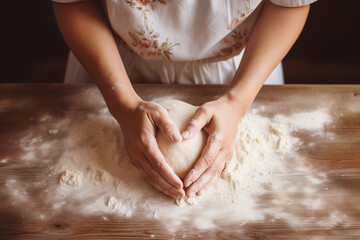 Woman hands preparing dough top down view