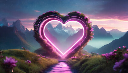 Glowing mystical round heart shaped frame portal in mountainous landscape - 687620369