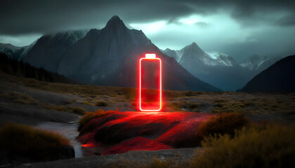 A glowing red battery icon in a mystical mountainous landscape
