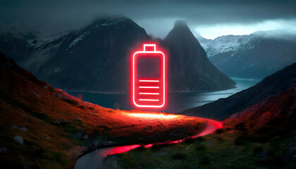 A glowing red battery icon in a mystical mountainous landscape